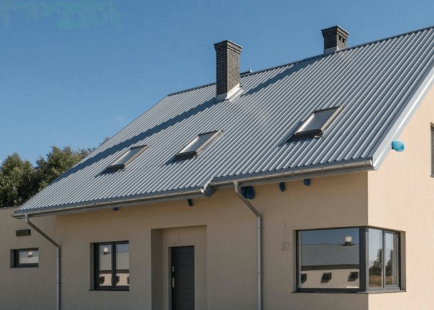 Dach domu pokryty szarą blachą trapezową z równoległymi profilami